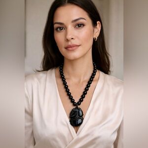 Vintage Chinese Black Onyx Beaded Necklace With Carved Peach Pendant